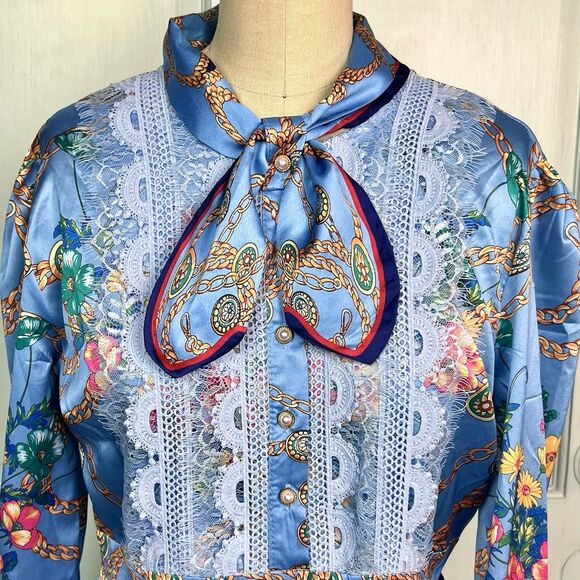 Dalia MacPhee Liana Midi Shirt Waist Dress Light Blue Pleaded Skirt Sz L NEW - Picture 10 of 15